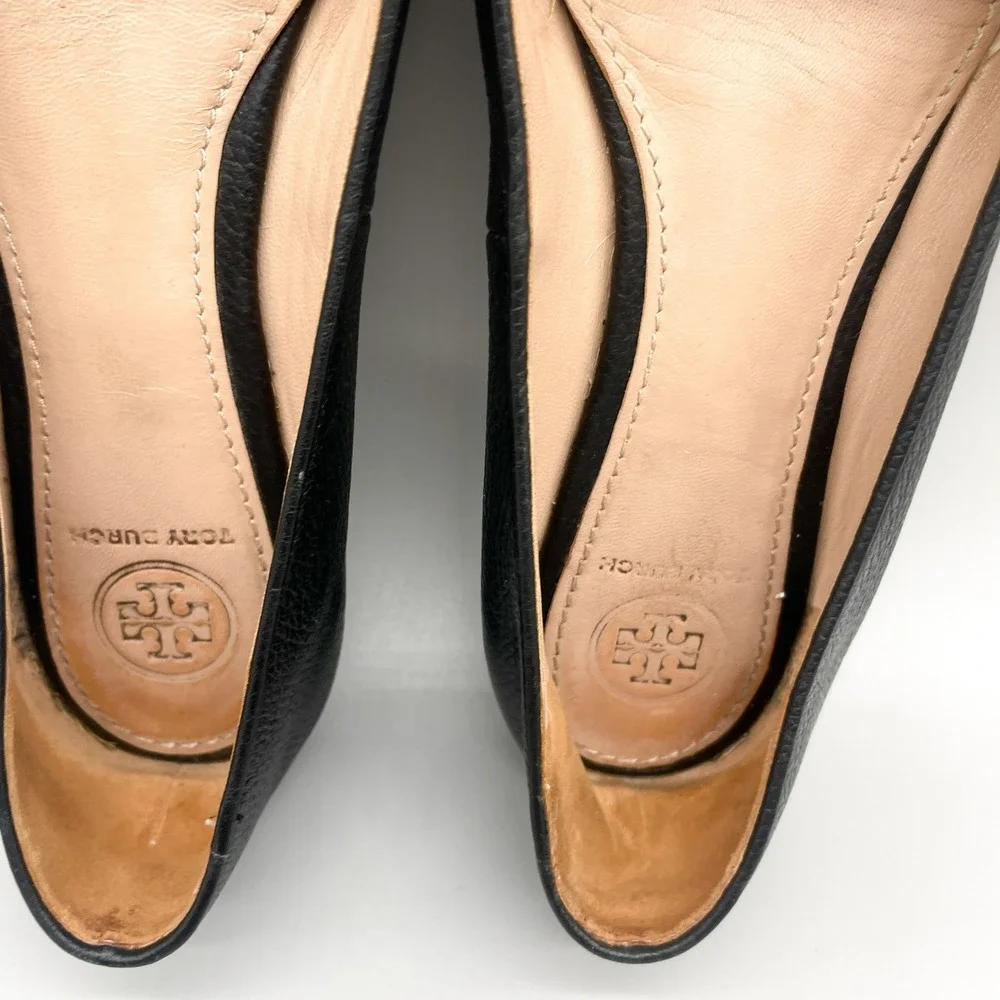 Tory Burch Womens 7 Claire Ballet Flats Black Leather Gold Logo Preppy Office